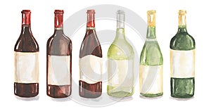 Watercolor wine bottles set.