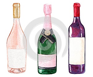 Watercolor wine bottles set isolated on white background