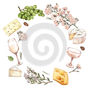 Watercolor wine and cheese frame wreath template. Hand draw round card background with food objects on isolated white