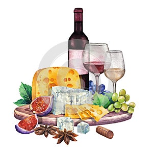 Watercolor wine glass and bottle decorated with delicious food