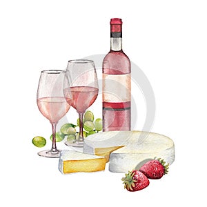 Watercolor wine glasses and bottle decorated win cheese, strawberries and grapes