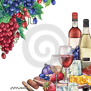 Watercolor wine glasses and bottles decorated with delicious food