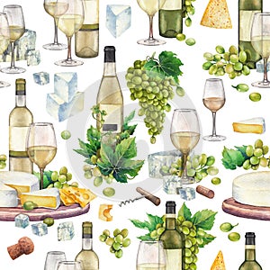 Watercolor wine glasses and bottles, white grapes, cheese, cork and corkscrew