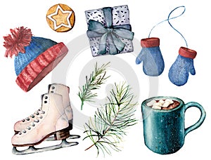 Watercolor winter active sport set. Hand painted white skates, cacao cup with marshmallow, knitted hat and mittens