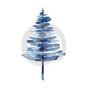 Watercolor winter blue christmas tree isolated on white background. Hand painting Illustration for print, texture