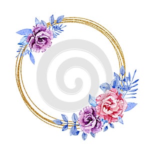 Watercolor winter blue floral frame. Blue color dusty leaves and branches, blue rose, pink piones and purple flowers