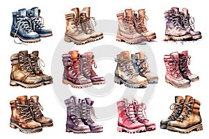 Watercolor winter boot set, winter accessories, vector illustration