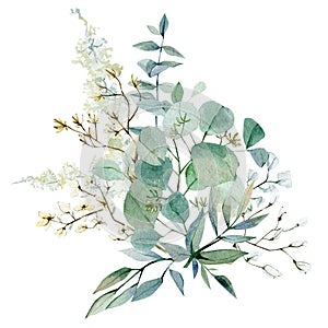 Watercolor winter bouquet. Fall floral eucalyptus illustration for wedding invintation, bridal shower, baby shower