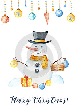 Watercolor winter card with a snowman, snowflakes, Christmas toys, snowdrifts.