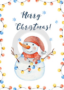 Watercolor winter card with a snowman, snowflakes, Christmas toys, snowdrifts.