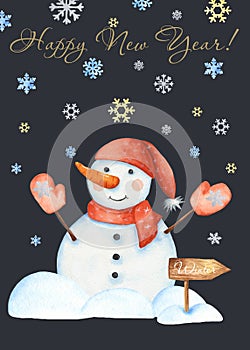 Watercolor winter card with a snowman, snowflakes, Christmas toys, snowdrifts.