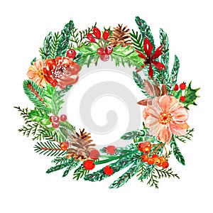 Watercolor Christmas wreath with pine branches, holly, mistletoe and spruce. Winter holiday decor on white background