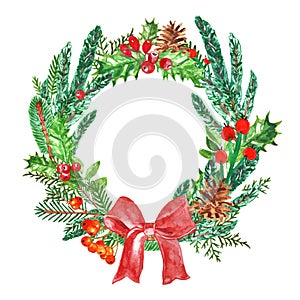 Watercolor Christmas wreath with pine branches, holly, mistletoe and spruce. Winter and autumn holiday decor on white background