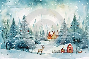 Watercolor winter festive landscape Illustration. Christmas village houses with snow spruce forest.