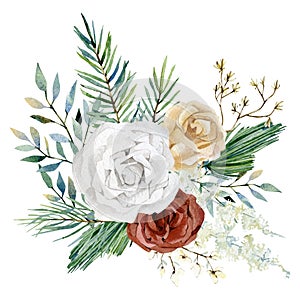 Watercolor winter floral bouquet. Burgundy rose, white flowers, pampas grass, winter greenery fir tree branch