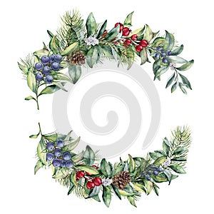 Watercolor winter floral branch with red berries, juniper and snowberry. Hand painted floral composition with leave