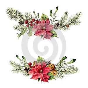 Watercolor winter floral elements on white background. Vintage style set with christmas tree branches, bells, holly