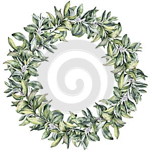 Watercolor winter floral wreath. Hand painted snowberry branch with white berry isolated on white background. Christmas