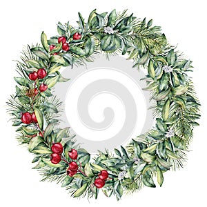 Watercolor winter floral wreath with white and red berries. Hand painted christmas tree and snowberry branch isolated on