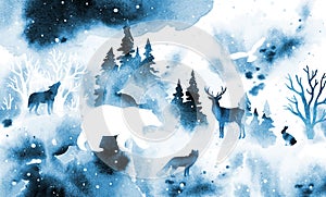 Watercolor winter foggy vector landscape with animals. Forest, snow, deer, wolf, fox, owl, hare and bear. Illustration for poster