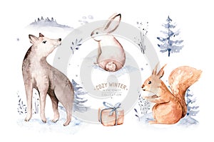 Watercolor winter forest animals deer with fawn, owl rabbits, bear, wolf birds on white background. Wild forest fox and