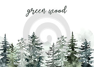 Watercolor winter forest background hand painted snowy green pine trees landscape on white backdrop. Christmas card design