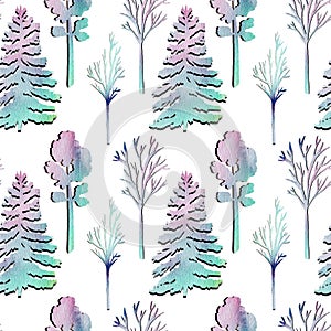 Watercolor Winter Forest background, trees pattern.