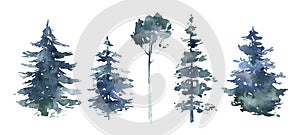 Watercolor winter forest. Christmas tree landscape with Pine Trees fir in the Mountains. Hand painted Isolated on white