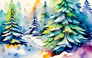 Watercolor winter forest with fir trees.