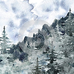 Watercolor winter forest landscape background with pine and spruce snowy trees. Misty mountain background for Christmas design