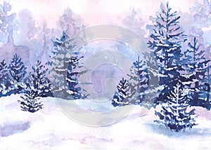 Watercolor winter forest landscape with snowy fir-trees