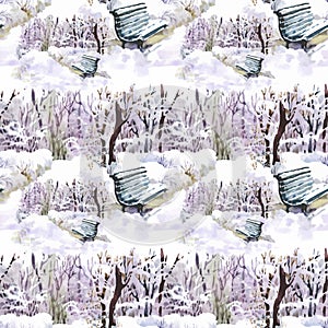 Watercolor winter forest landscape, vector illustration, seamless pattern.