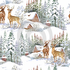 Watercolor winter forest landscape, vector illustration, seamless pattern.