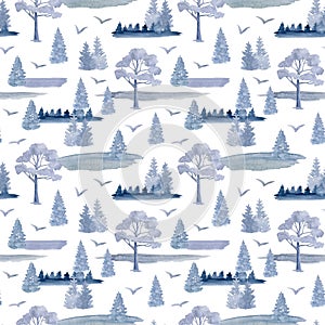 Watercolor winter forest seamless pattern. Hand drawn monochrome blue trees, birds isolated on white background. Foggy