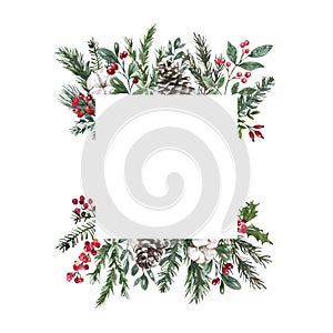 Watercolor winter greenery border with green pine branches, pine cone, red berries. Christmas holiday frame on white background