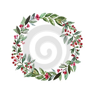 Watercolor winter greenery wreath illustration, isolated on white background. Hand painted pine tree branches, mistletoe leaves