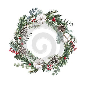 Watercolor winter holiday wreath with pine greenery, eucalyptus, red berry, pine cone, cotton, isolated on white background.