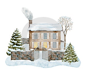 Watercolor winter house illustration. Hand drawn cute cottage with light in windows, chimney smoke, snowdrift, stone