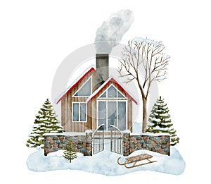 Watercolor winter house scene. Hand drawn wood cottage with chimney smoke, snowdrift, stone brick wall fence, snowy fir