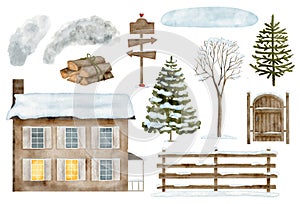 Watercolor winter house set. Christmas landscape. Hand drawn cottage building, chimney smoke, wooden fence, gates, bare