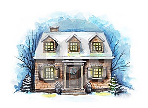 Watercolor winter house in the snow