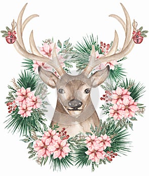 Watercolor winter illustration. Christmas deer with horns decorated with christmas tree toys and fer branch wreath clipart.