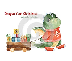 Watercolor winter illustration. Cute cartoon dragon with wooden cart and gift boxes.