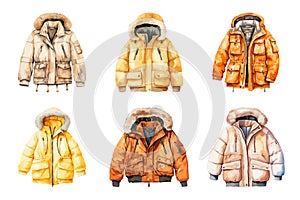 Watercolor winter jacket set, winter accessories, vector illustration