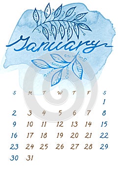 Watercolor Winter January month Calendar template for 2022 year. Week Starts Sunday. Blue Splash and leaf on white