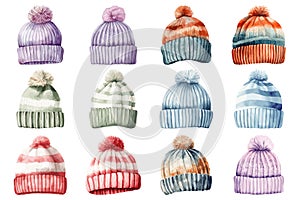 Watercolor winter knitted hat set, winter accessories, vector illustration