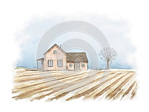 Watercolor winter landscape with country house, field and tree