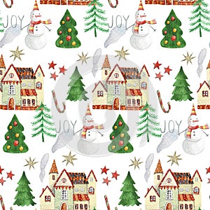 Christmas pattern with watercolors, house and Christmas trees