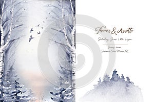 Watercolor winter landscape with fir forest the mountains. Christmas ans new year design. Snow and tree wedding and