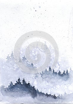 Watercolor winter landscape with fir forest the mountains. Christmas ans new year design. Snow and tree wedding and